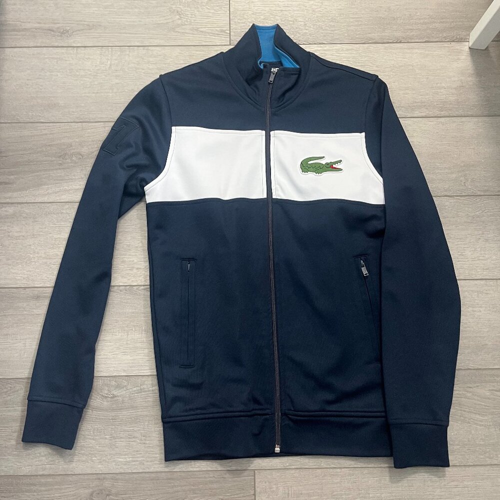 Lacoste Navy Blue and White Large Crocodile Athletic Jacket Size 3 Vintage